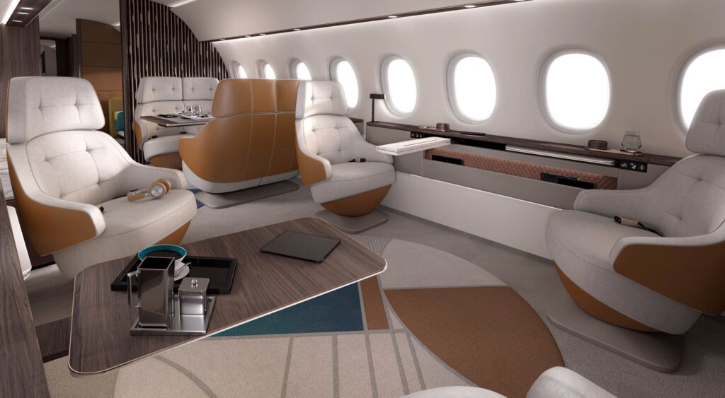 Oubliez les agencements classiques des jets privés : ici, on parle d’un véritable appartement de luxe - © Dassault Aviation